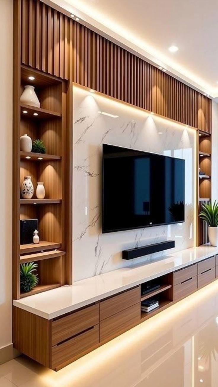 Illustrated interior featuring a large wall-mounted TV